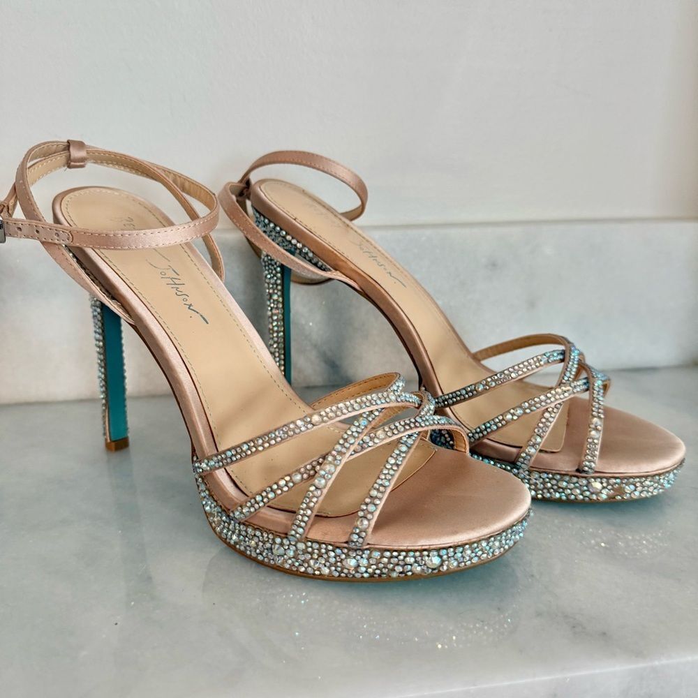 Betsey Johnson SB-Aden Champagne and Blue Rhinestone Strappy Heels Size 9.5